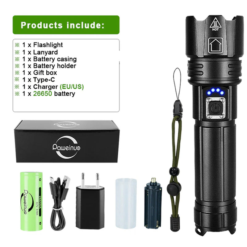 White Laser LED Powerful Flashlight USB Recharge Flash Light 12000Mah LED Flashlight Zoom Tactical Lantern Long Shot Torch