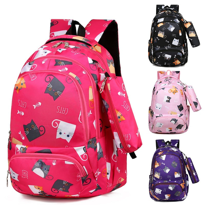 Backpack Girl Cartoon Cute Cat Print Elementary School Bag