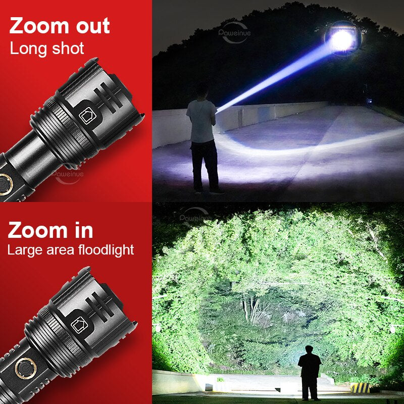 White Laser LED Powerful Flashlight USB Recharge Flash Light 12000Mah LED Flashlight Zoom Tactical Lantern Long Shot Torch