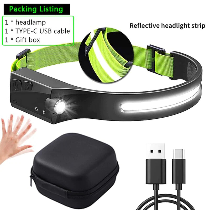 Induction Headlamp COB LED Head Lamp with Built-In Battery Flashlight USB Rechargeable Head Torch 5 Lighting Modes Head Light