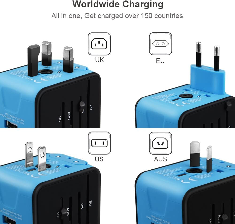 Universal Travel Adapter, All-In-One International Power Adapter with 2.4A Dual USB, European Wall Charger for UK, EU, AU, Asia Covers 150+Countries (Blue)