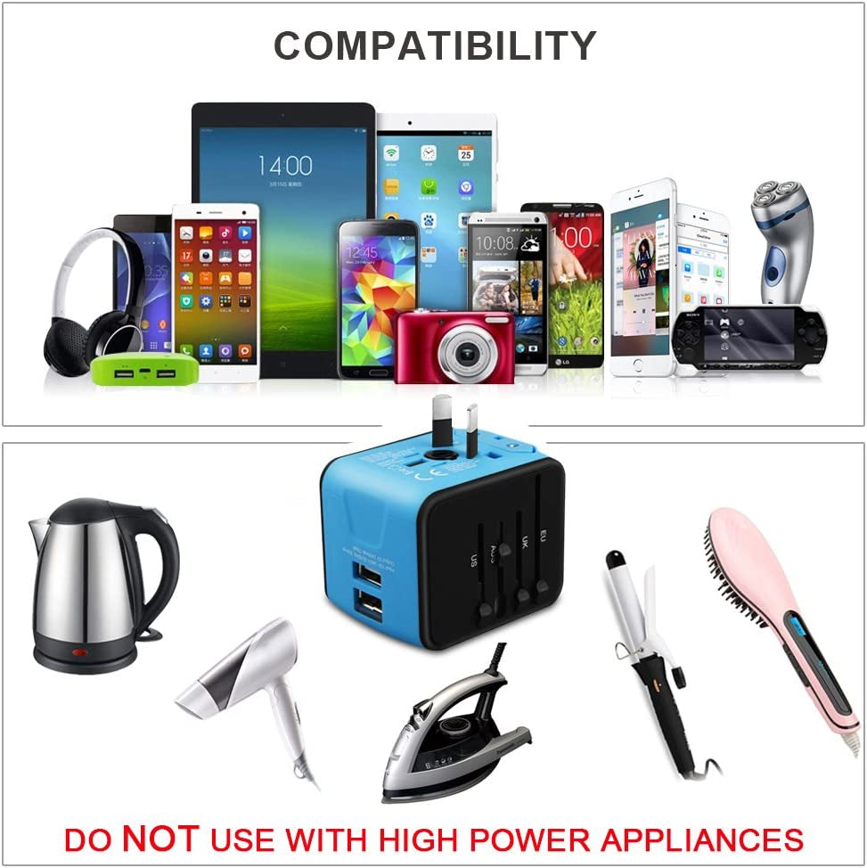 Universal Travel Adapter, All-In-One International Power Adapter with 2.4A Dual USB, European Wall Charger for UK, EU, AU, Asia Covers 150+Countries (Blue)