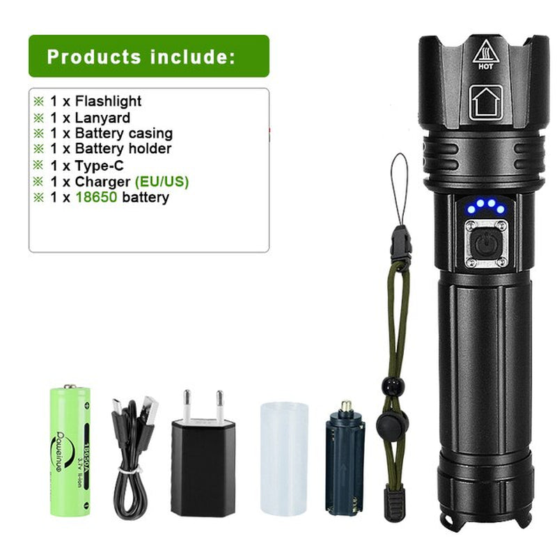 White Laser LED Powerful Flashlight USB Recharge Flash Light 12000Mah LED Flashlight Zoom Tactical Lantern Long Shot Torch