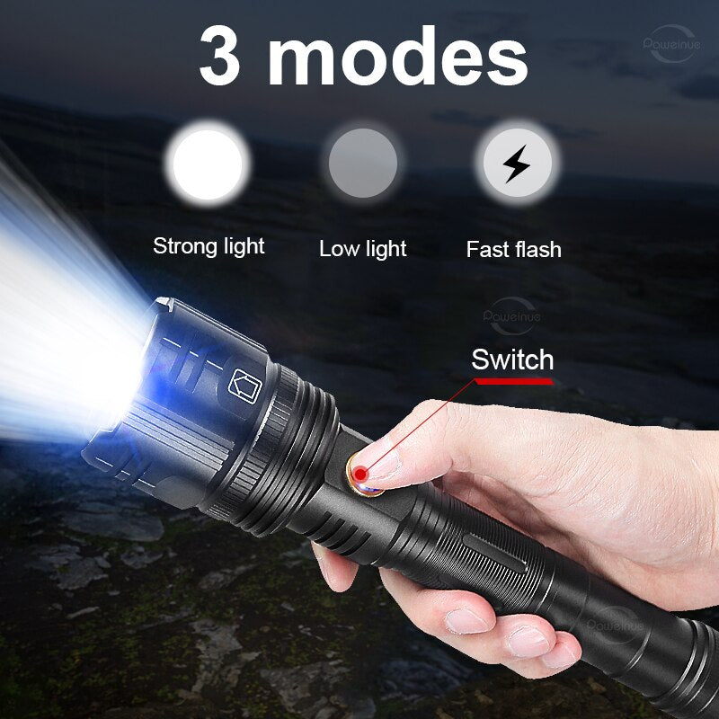 White Laser LED Powerful Flashlight USB Recharge Flash Light 12000Mah LED Flashlight Zoom Tactical Lantern Long Shot Torch