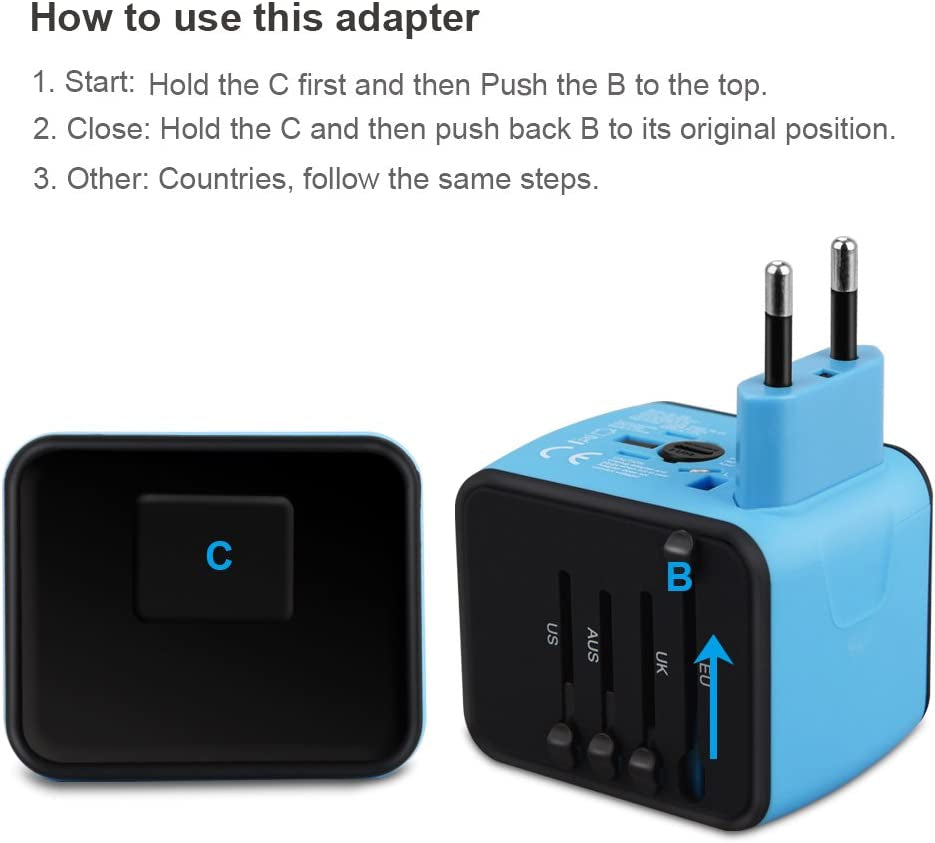 Universal Travel Adapter, All-In-One International Power Adapter with 2.4A Dual USB, European Wall Charger for UK, EU, AU, Asia Covers 150+Countries (Blue)