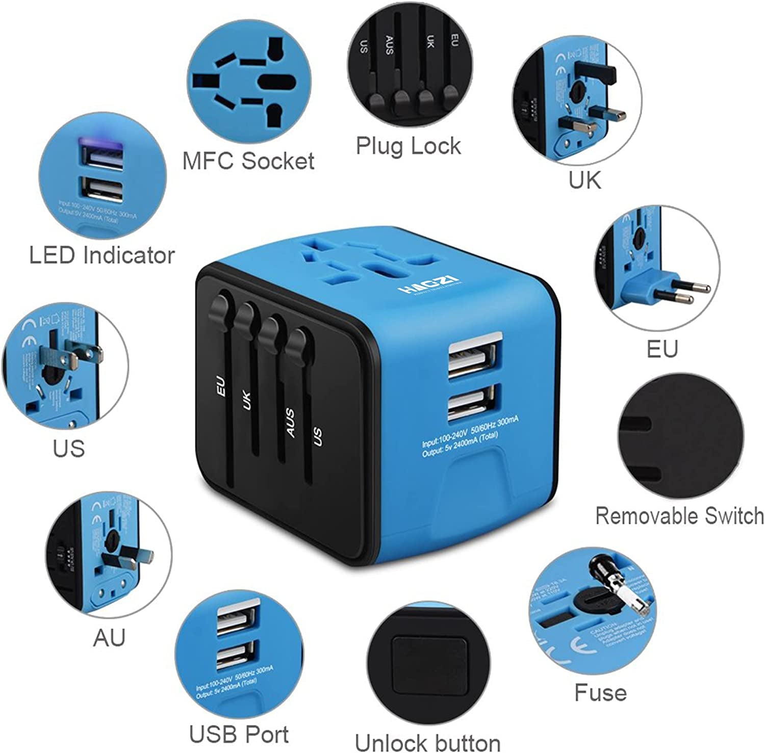 Universal Travel Adapter, All-In-One International Power Adapter with 2.4A Dual USB, European Wall Charger for UK, EU, AU, Asia Covers 150+Countries (Blue)