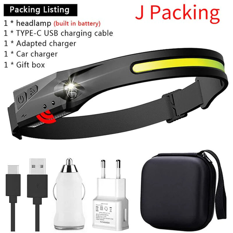 Induction Headlamp COB LED Head Lamp with Built-In Battery Flashlight USB Rechargeable Head Torch 5 Lighting Modes Head Light