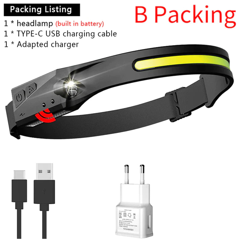 Induction Headlamp COB LED Head Lamp with Built-In Battery Flashlight USB Rechargeable Head Torch 5 Lighting Modes Head Light