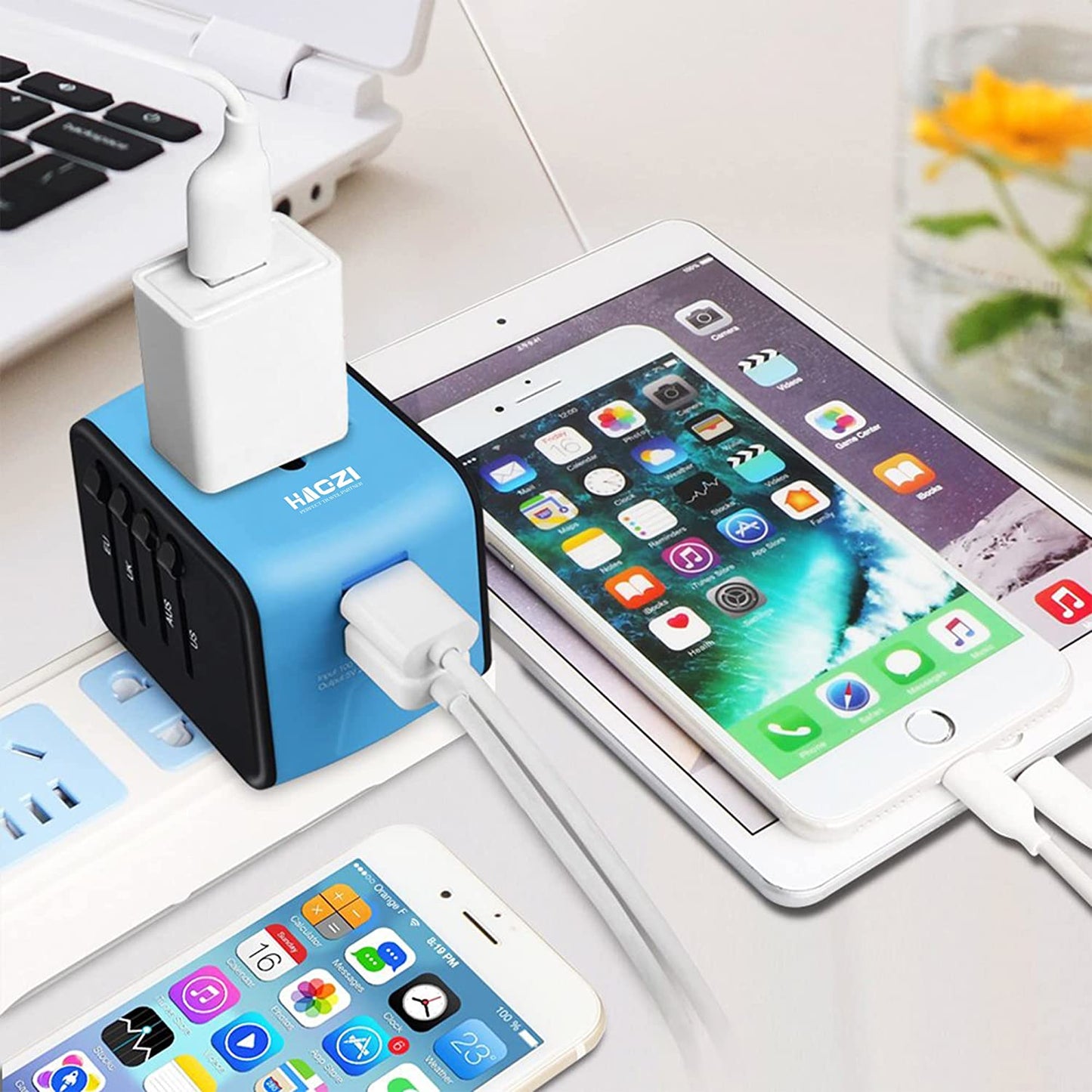 Universal Travel Adapter, All-In-One International Power Adapter with 2.4A Dual USB, European Wall Charger for UK, EU, AU, Asia Covers 150+Countries (Blue)