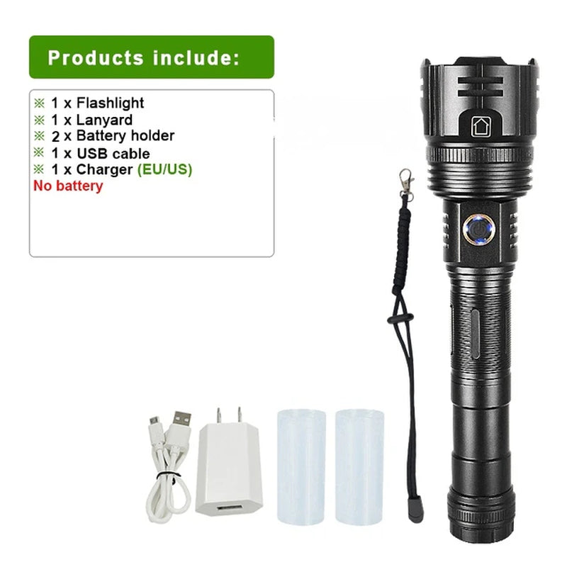 White Laser LED Powerful Flashlight USB Recharge Flash Light 12000Mah LED Flashlight Zoom Tactical Lantern Long Shot Torch