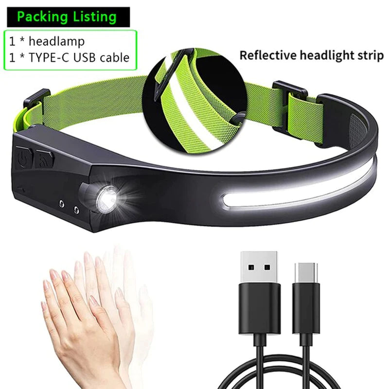 Induction Headlamp COB LED Head Lamp with Built-In Battery Flashlight USB Rechargeable Head Torch 5 Lighting Modes Head Light