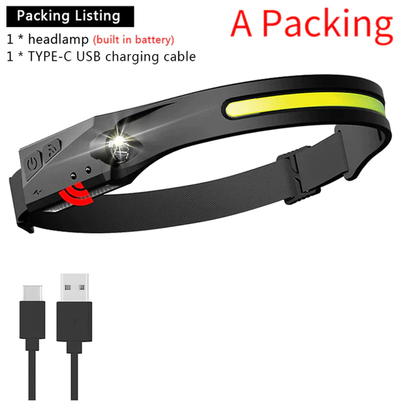 Induction Headlamp COB LED Head Lamp with Built-In Battery Flashlight USB Rechargeable Head Torch 5 Lighting Modes Head Light