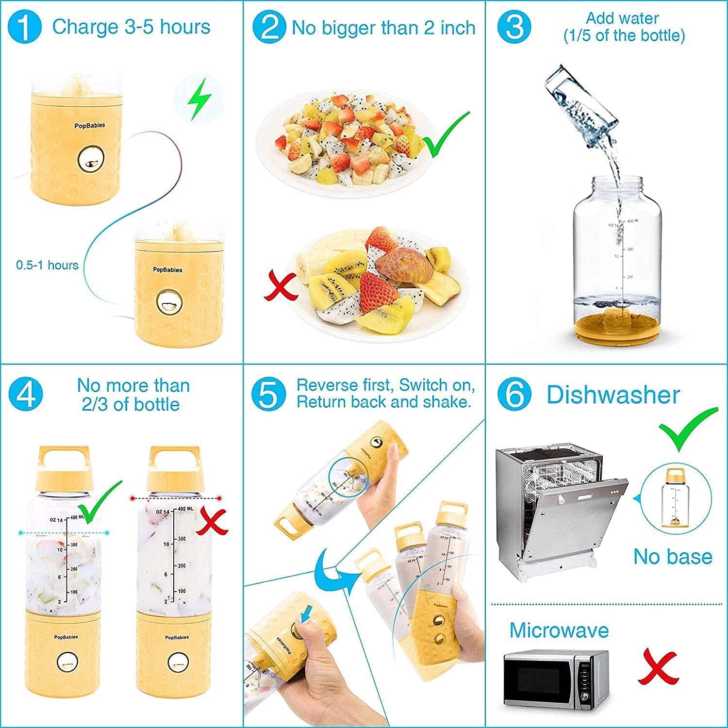 Smoothie Blender with USB Rechargeable Blender Cup, Portable Design for Shakes and Smoothies, Personal Blender to Go (Yellow)