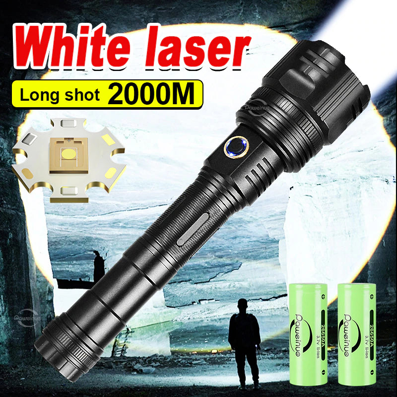White Laser LED Powerful Flashlight USB Recharge Flash Light 12000Mah LED Flashlight Zoom Tactical Lantern Long Shot Torch