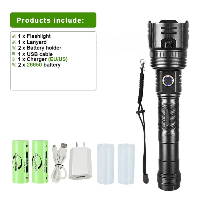 White Laser LED Powerful Flashlight USB Recharge Flash Light 12000Mah LED Flashlight Zoom Tactical Lantern Long Shot Torch