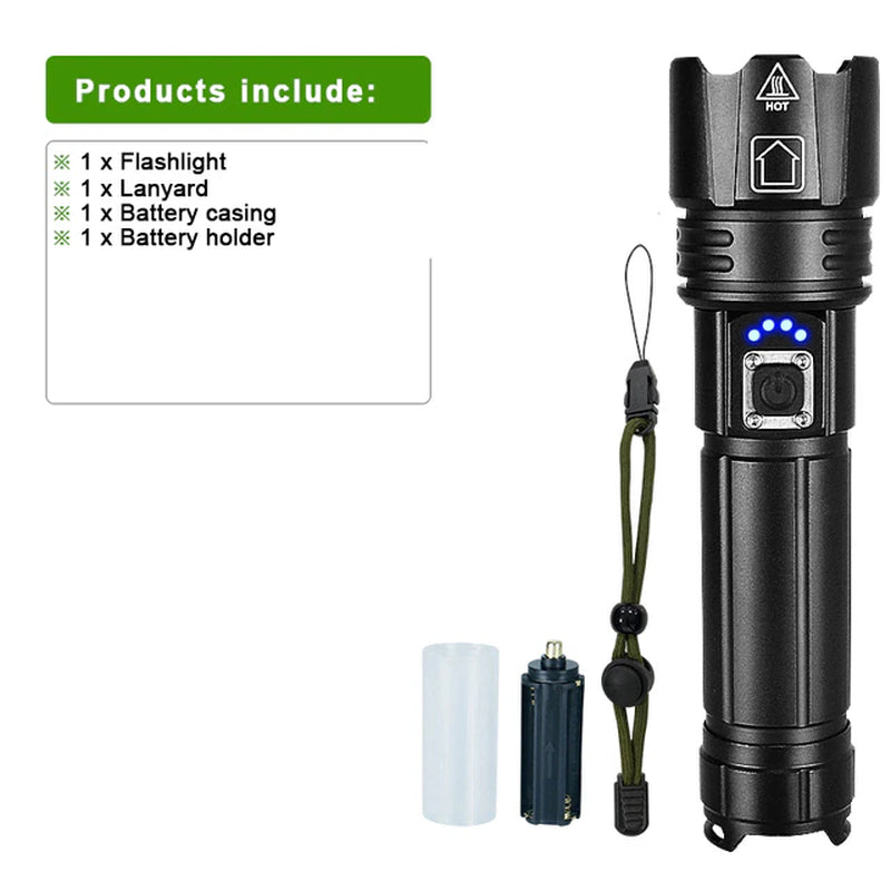 White Laser LED Powerful Flashlight USB Recharge Flash Light 12000Mah LED Flashlight Zoom Tactical Lantern Long Shot Torch