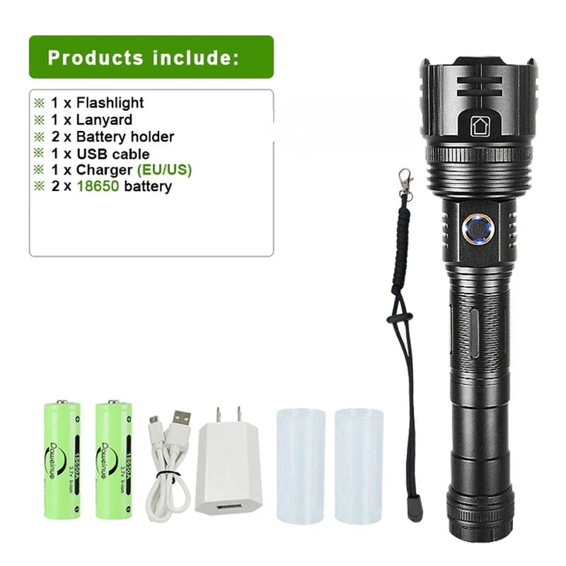 White Laser LED Powerful Flashlight USB Recharge Flash Light 12000Mah LED Flashlight Zoom Tactical Lantern Long Shot Torch
