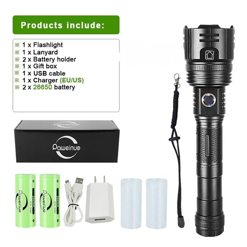 White Laser LED Powerful Flashlight USB Recharge Flash Light 12000Mah LED Flashlight Zoom Tactical Lantern Long Shot Torch