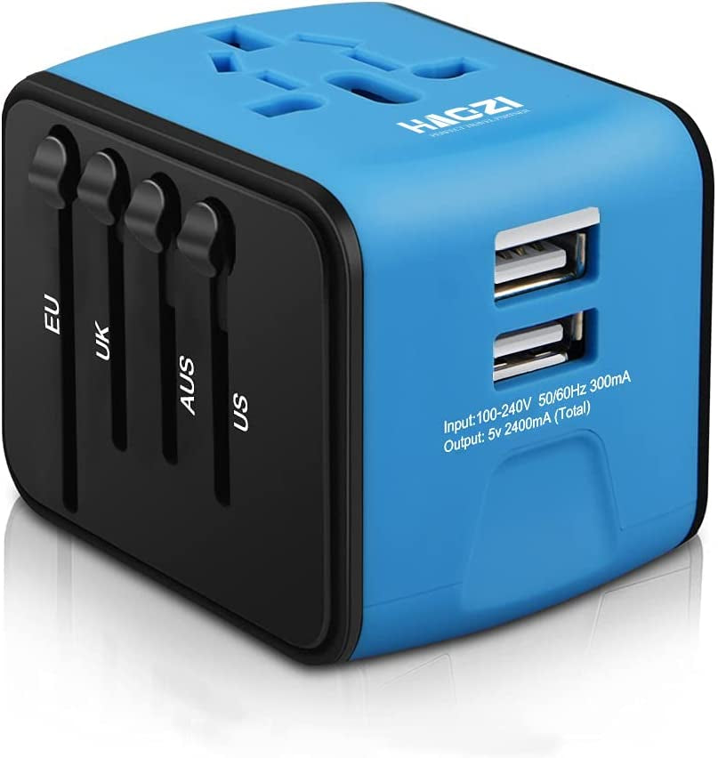 Universal Travel Adapter, All-In-One International Power Adapter with 2.4A Dual USB, European Wall Charger for UK, EU, AU, Asia Covers 150+Countries (Blue)