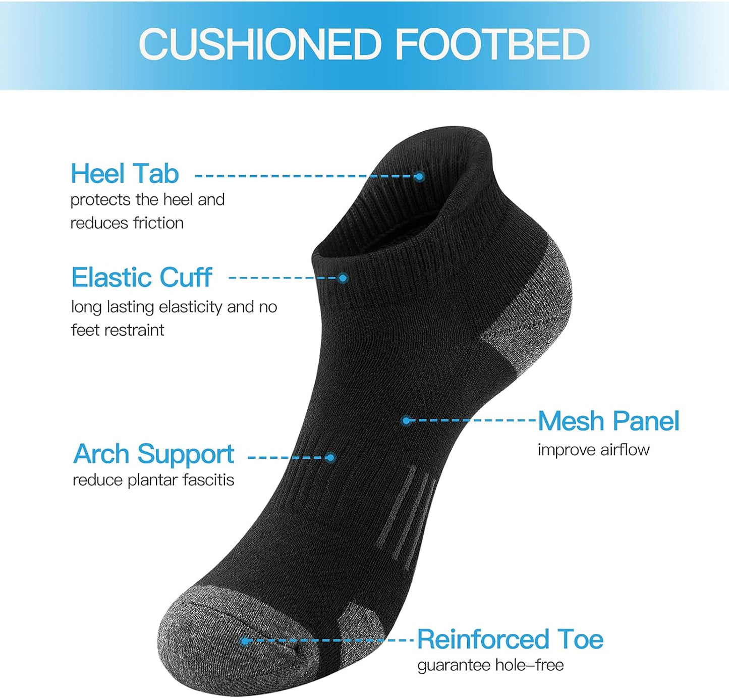 Ankle Athletic Running Socks Low Cut Sports Socks Breathable Cushioned Tab Socks for Men Women 6 Pairs